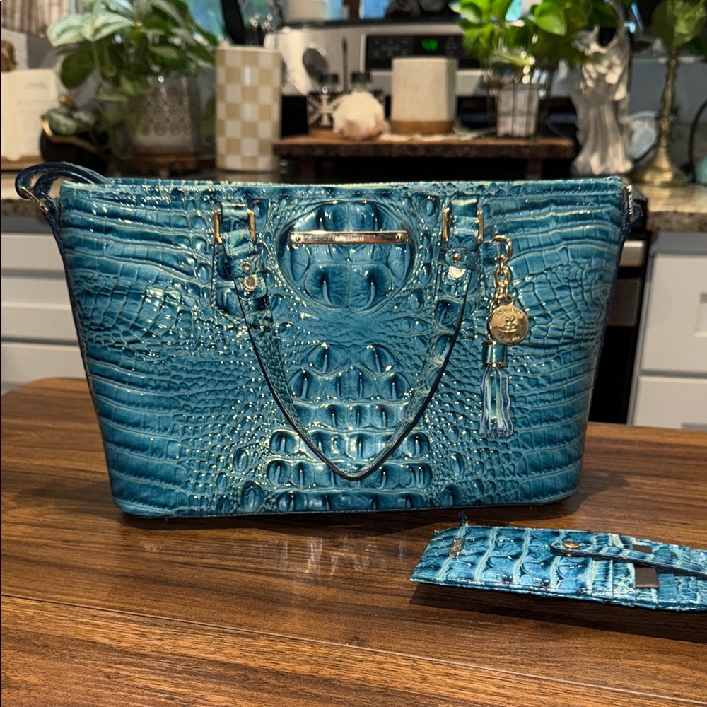 Brahmin Glossy Teal Croc-Embossed Shoulder Bag with Tassel Charm